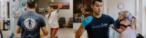 wellness-and-performance | Atlantic Physical Therapy Center Two-panel scene at Atlantic Physical Therapy Center: left shows a therapist in a blue shirt with logo observing a patient mid-exercise in a clinic; right shows the same therapist wearing gloves guiding a patient wearing a breathing mask.
